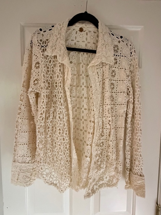 Free People Jackets & Blazers - Free People Cream Crochet Lace Shacket Blazer